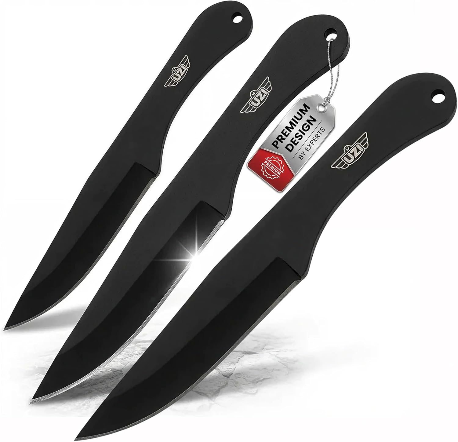 Uzi Three Piece Throwing Knife Set with Leather Pouch, 3 Black Stainless Steel Blades Pack with Belt Loop, Training Knife for Target Practice & Martial Arts Knives for Outdoor Recreation & Collection