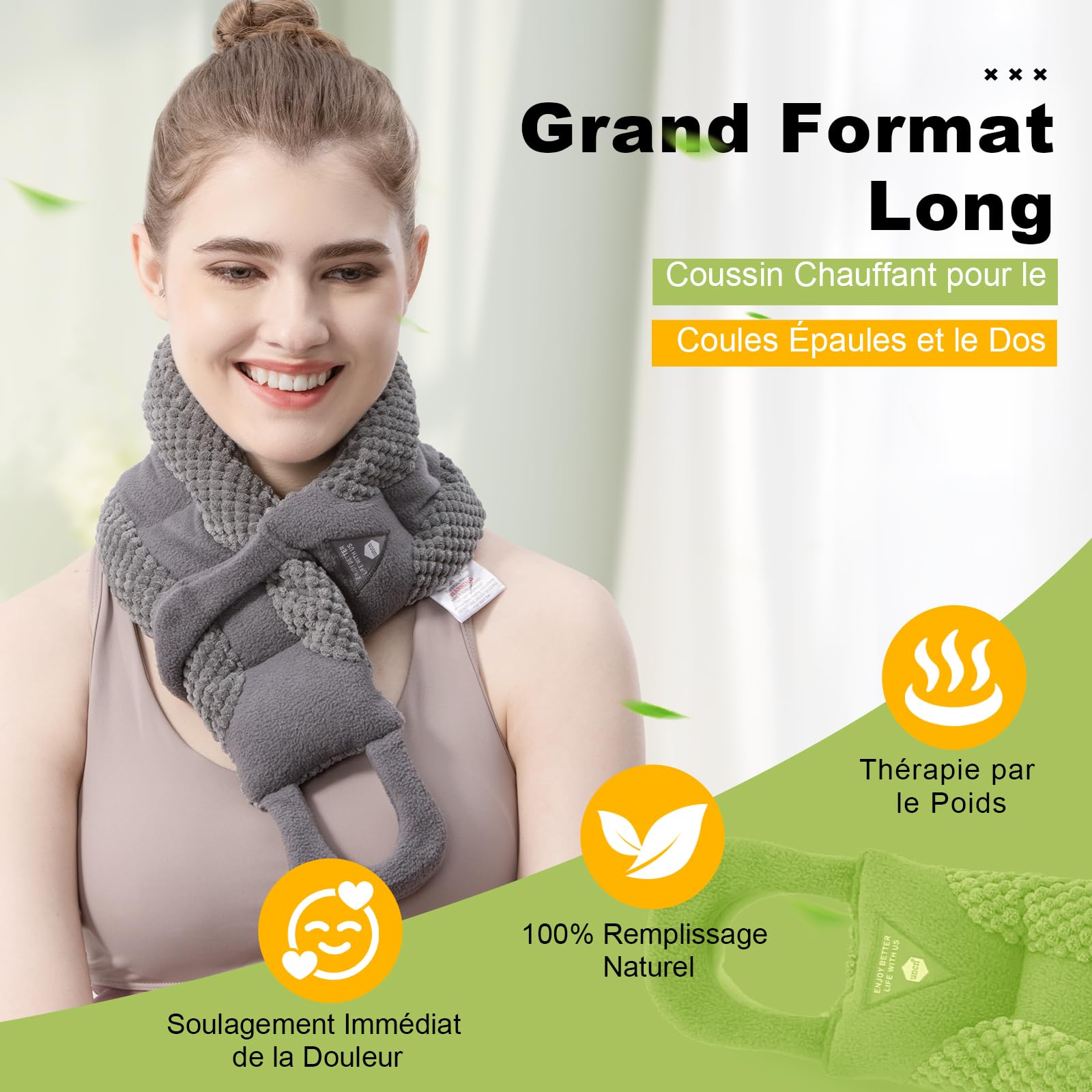 uncn Longue Coussin Chauffant du cou Cervicales Micro Onde 84×15CM, Bouillotte Micro-Onde, graine de lin,noyaux cerises,grande poche chauffante nuque epaule et dos,ventre