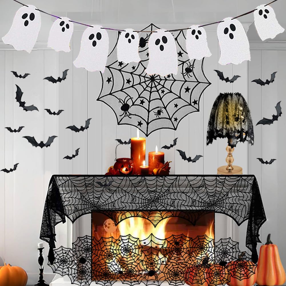 21PCS Halloween Decorations Indoor Set,Black Lace Rectangular Tablecloth,Black Lace Lampshade,1Pcs Spiderweb Table Runners, Round Table Covers,Reflective Ghost Banner Flags,16PcsBat Wall Decor