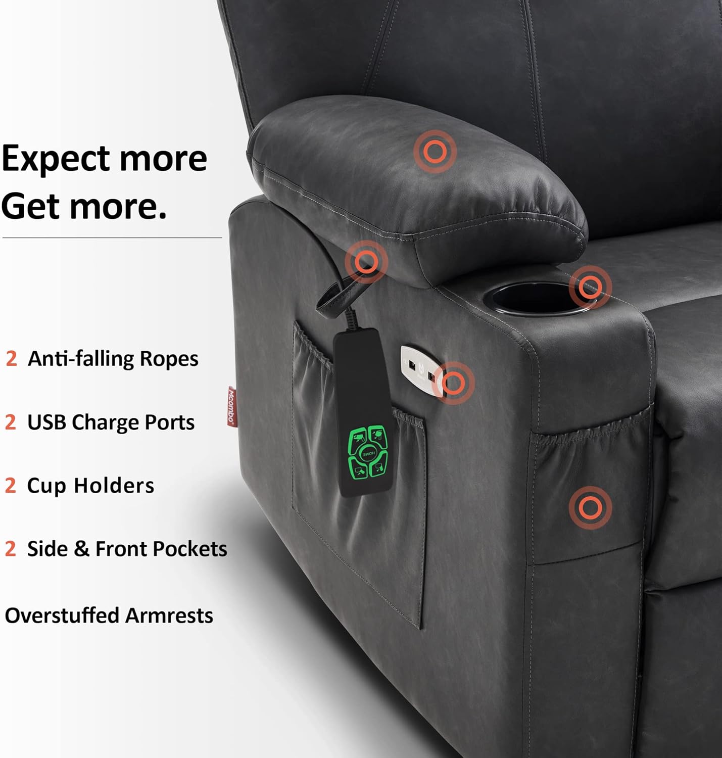 MCombo Large Lay Flat Dual Motor Power Lift Recliner Chair Sofa with Massage and Heat, USB Ports, Extended Footrest, for Elderly People, Infinite Position, Faux Leather 7815 (Dark Brown)