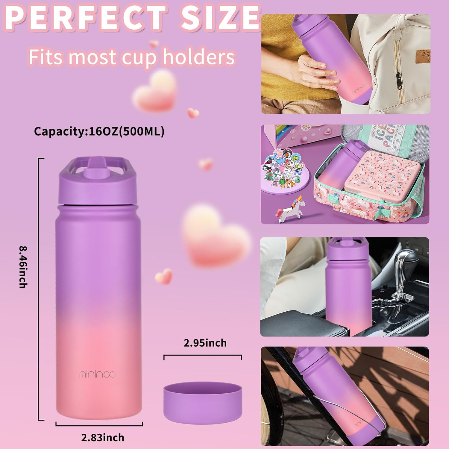 Mininoo Kids Water Bottle for School, 16oz Insulated Stainless Steel Water Bottle Kids with Straw Lid for Girls(Purple/Pink) - Image 8