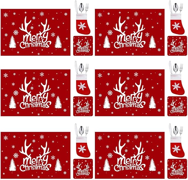 18 Pcs Christmas Placemats and Coasters-Reindeer Snowflake Design Heat-Resistant Table Mats Washable Christmas Holiday Kitchen Table Decoration