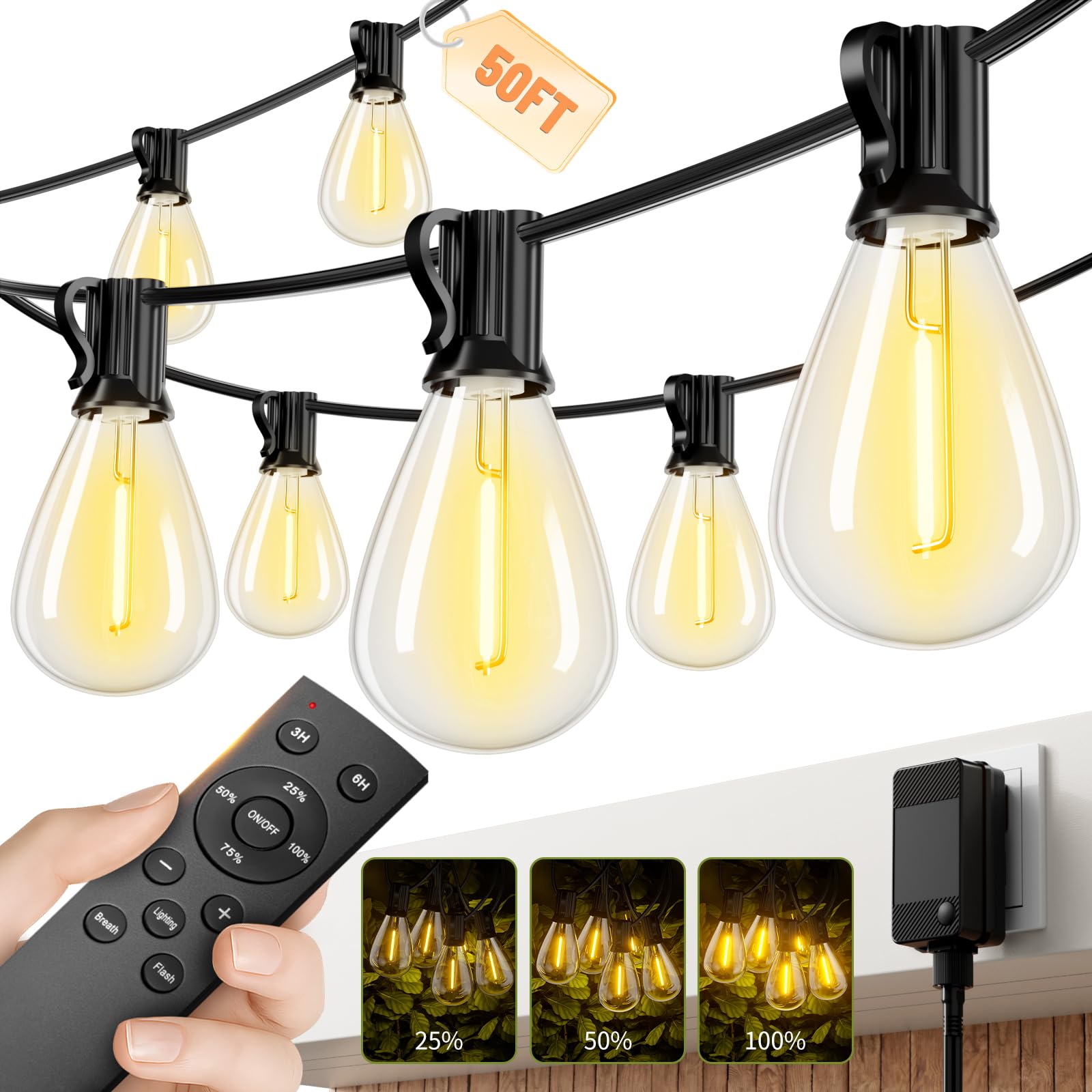 Outdoor String Lights 50FT with 18+1 Shatterproof LED Bulbs, Remote Control Dimmable Patio Lights, Waterproof Hanging Edison Light for Backyard Garden Pergola, Timer & 3 Modes