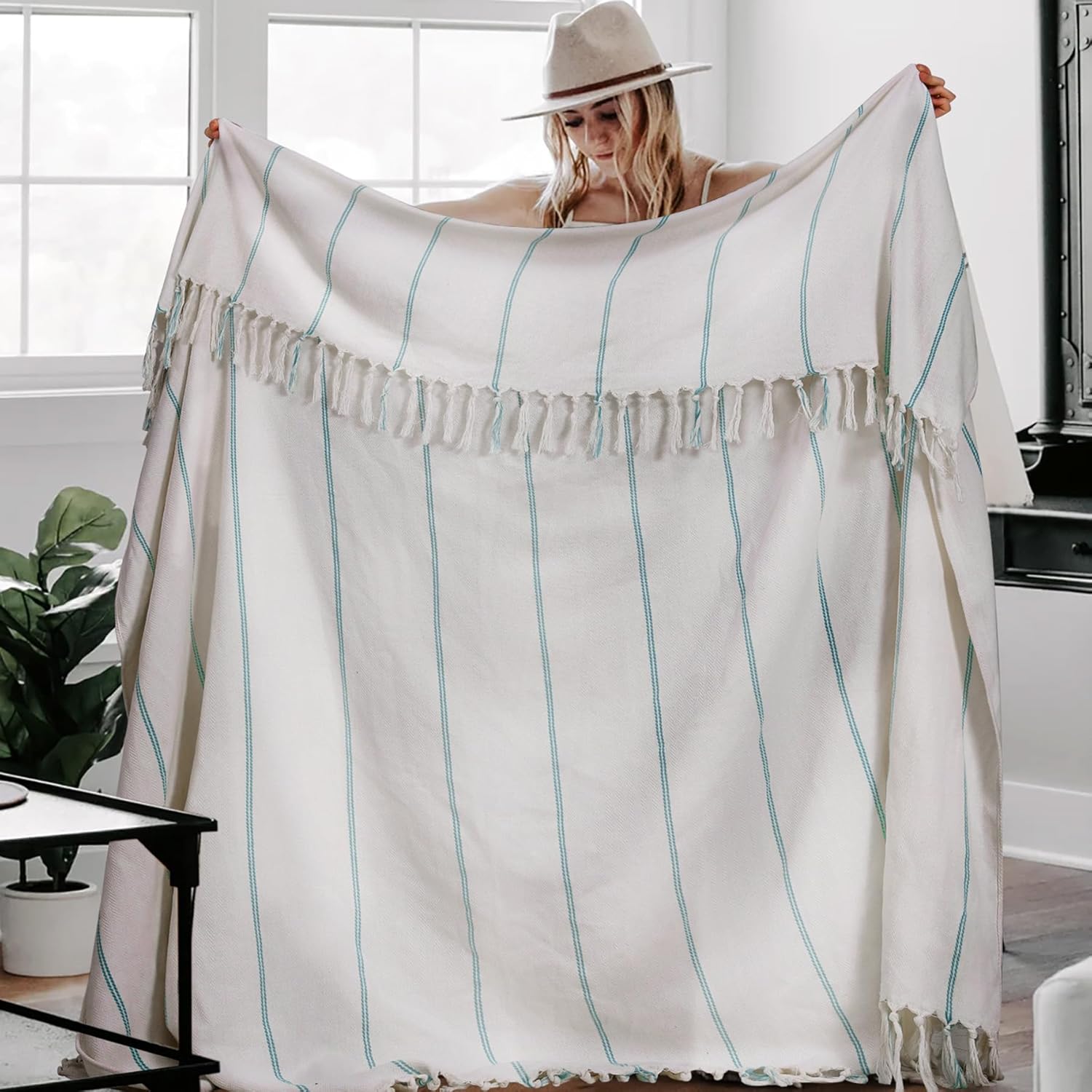 Large Cotton Turkish Throw Blanket Lightweight Breathable Boho Home Decoration Women Birthday Gifts Ideal for Mom Grandma Wife Sister Girlfriend Her Boss Coworker Retirement New Home Hoursewarming Stripe Teal Giant Large 82" x90"