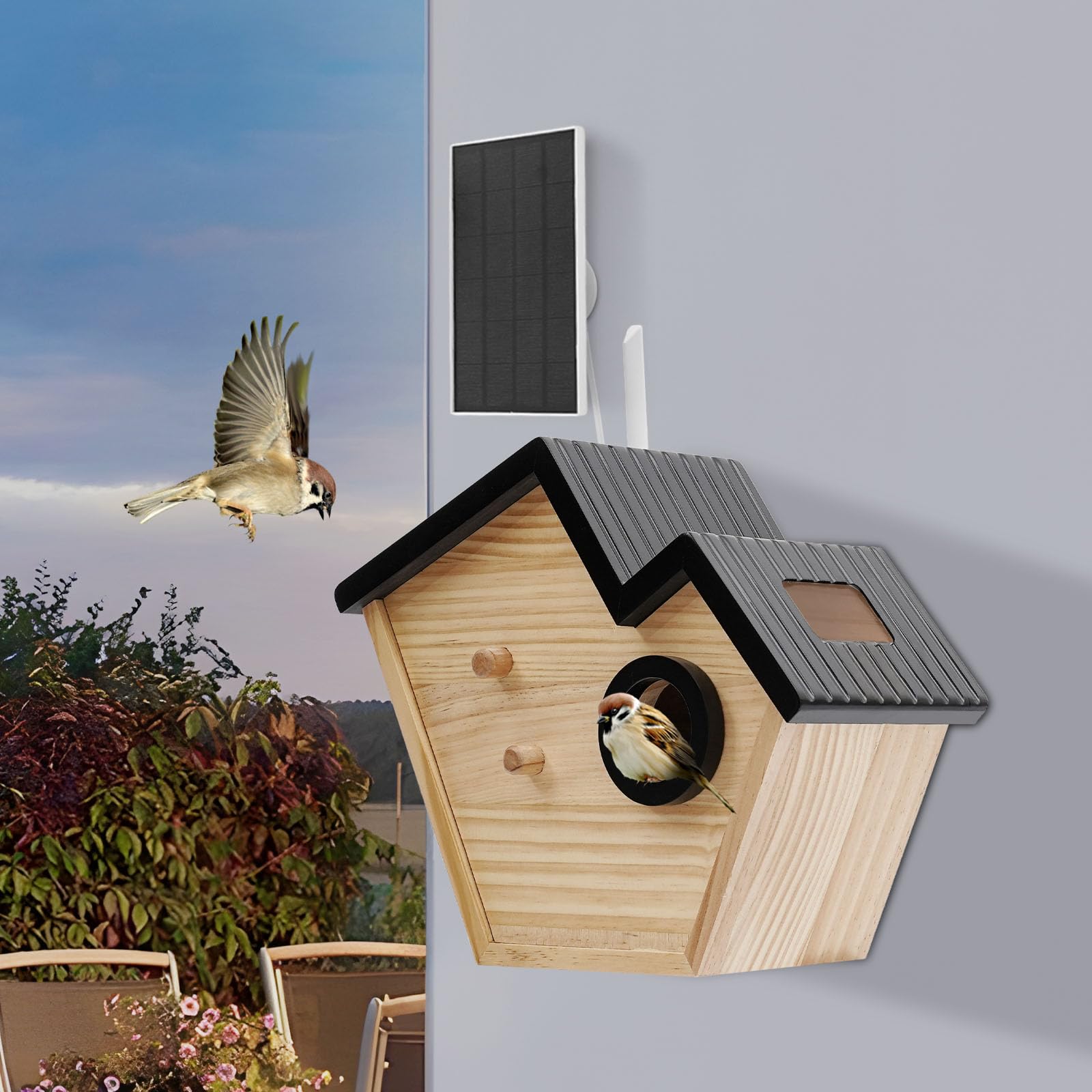 Casa de pájaros inteligente de madera con cámara, nido de pájaros alimentado por energía solar con detección de IA, nido con cámara de caza HD, visión nocturna, resistente a la intemperie