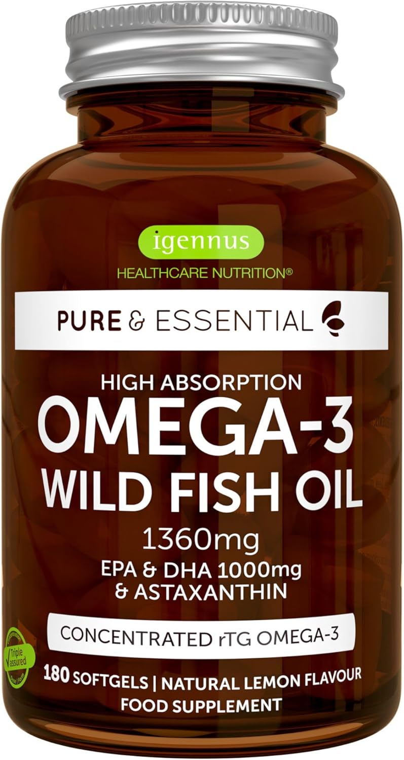 Igennus Omega-3 Wild Fish Oil & Astaxanthin, Highest Grade Triglyceride rTG, IFOS Certified Ultra Pure, Omega-3 EPA & DHA Fatty Acids 1000mg, Tested Safe for Mercury, PCBs and Dioxins, 180 Softgels