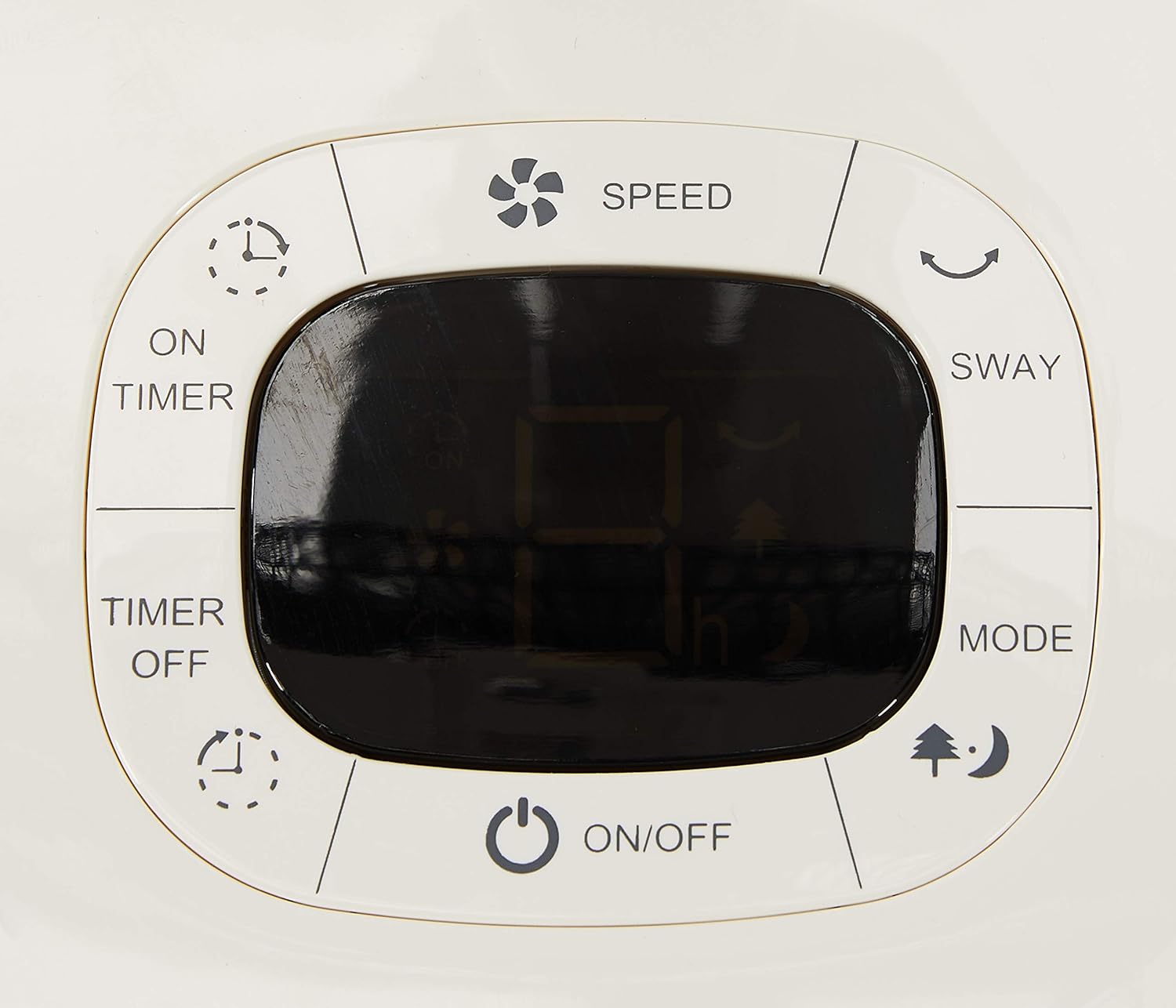 Close-up of the MISTRAL MLF3508R fan's control panel on its base, showing buttons for ON/OFF, Speed, Sway, Mode, Timer ON, and Timer OFF.