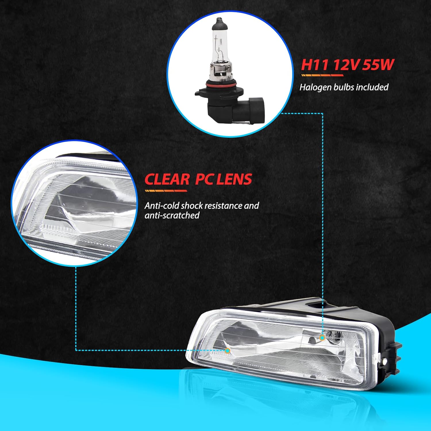 Fog Lights Assembly for 2003 2004 2005 2006 2007 Honda Accord Sedan Replacement Kit with Wiring and Switch H11 12V 55W Halogen Bulbs(Clear Lens)