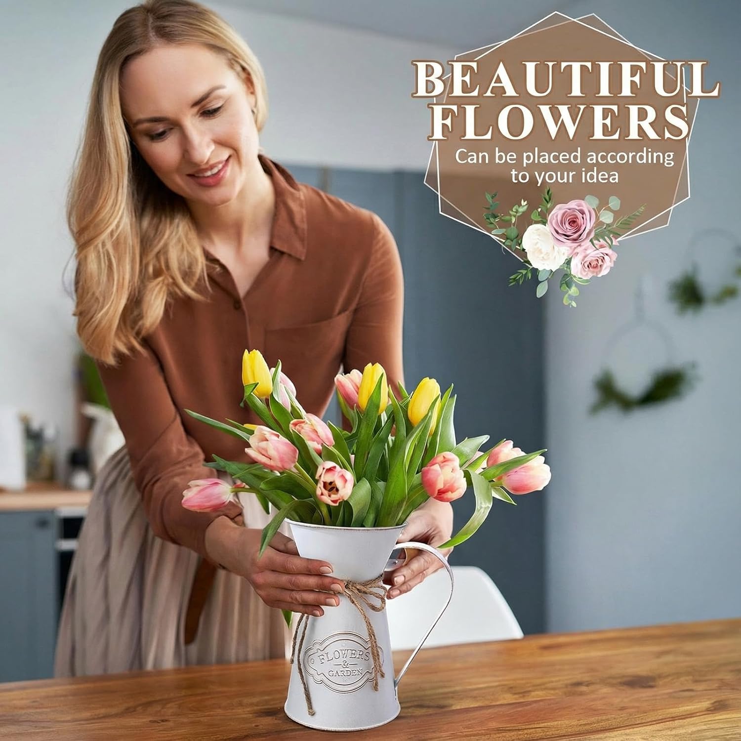 Chumia 2 Pcs Metal Pitcher Jug Vase for Flower Farmhouse Rustic Milk Can 7. 87 Inch Flower Vintage Vase Pitcher Decor Kitchen Bathroom Decor for Home (White) - Image 5