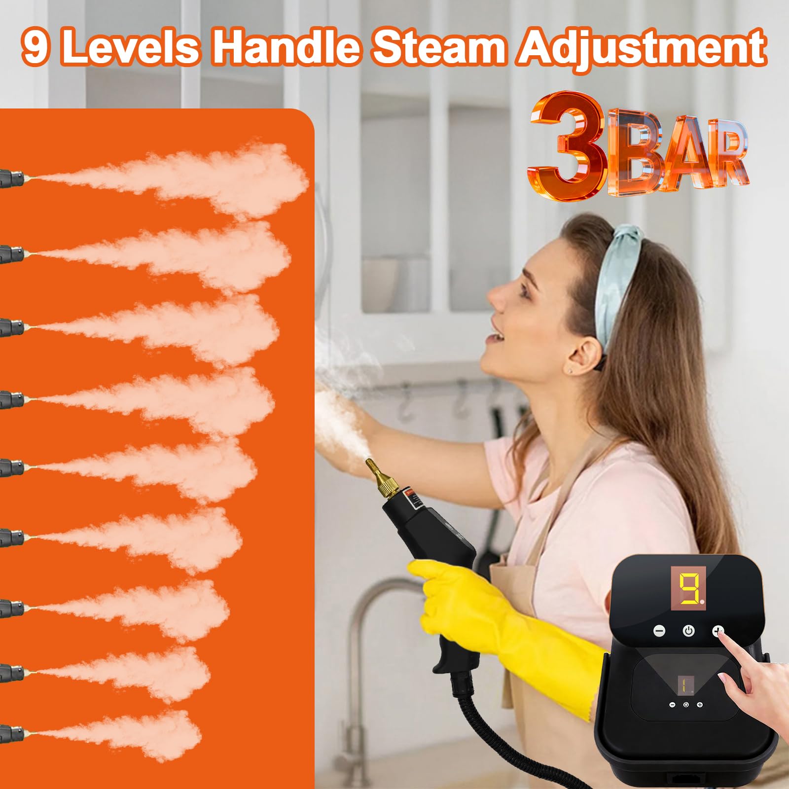 Dampfreiniger für Haushalt und Auto, 9 Stufig Einstellbarer Dampfreiniger, 2500w 15 Sekunden Aufheizzeit Tragbarer Hochdruck Dampfreiniger für Möbel, Sofa, Fliesen, Boden, Fenster, Auto (Schwarz)
