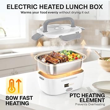 Heated Lunch Box 1.5L Tray Electric Lunch Box for Adult White Gray | 80W Portable Food Warmer, 1.5L Stainless Steel Container, Carry Bag & Leakproof Lid - 12/24V Car/Truck & 110/220V Home/Office