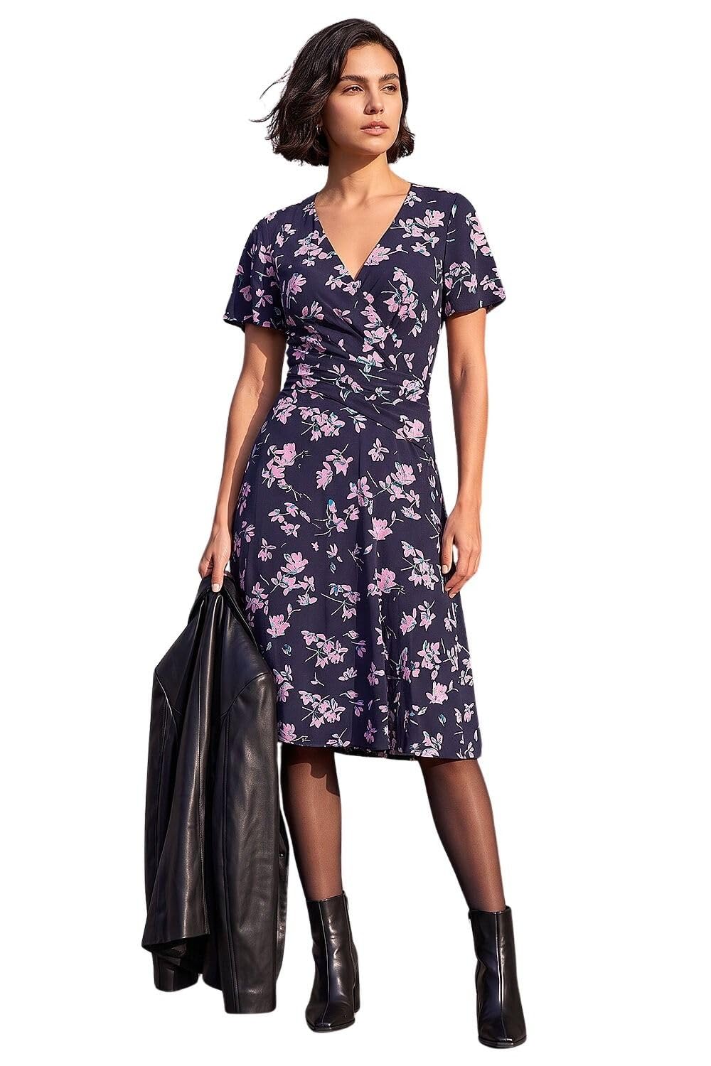 Roman Women's Navy Floral Print Wrap Over Midi Dress In | Size: 20