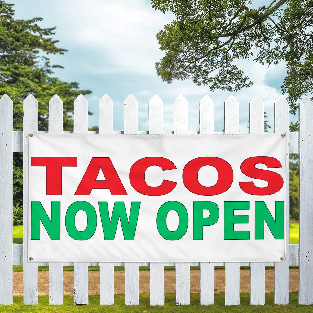 Cartel de vinilo de varios tamaños Tacos Now Open, rojo y verde, para bar, restaurante, camión, negocios, exteriores, resistente a la intemperie, industrial, patio, 4 ojales, 24 x 48 pulgadas