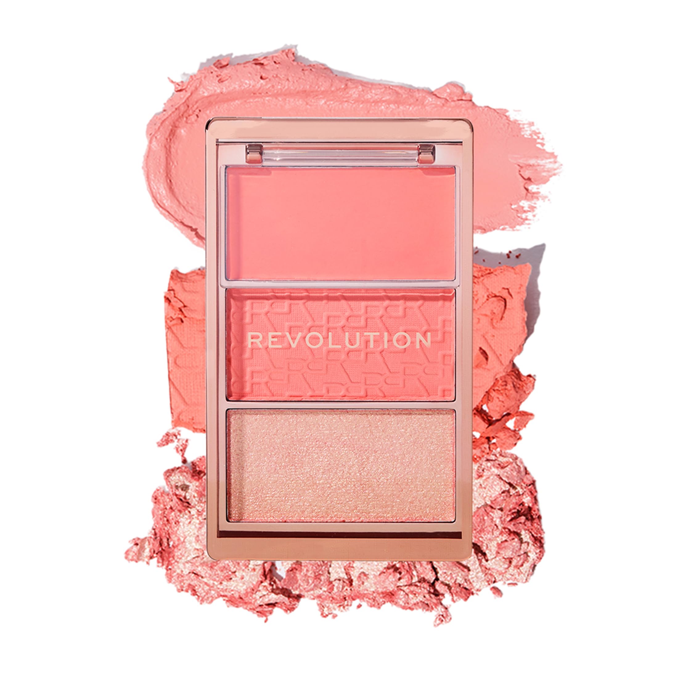 Revolution Palette Blush Icon, kremowy i tłoczony puder, silnie pigmentowany, paleta twarzy, wegańska i nieokrutna na zwierzętach, 3 kolory, Authentic Peach