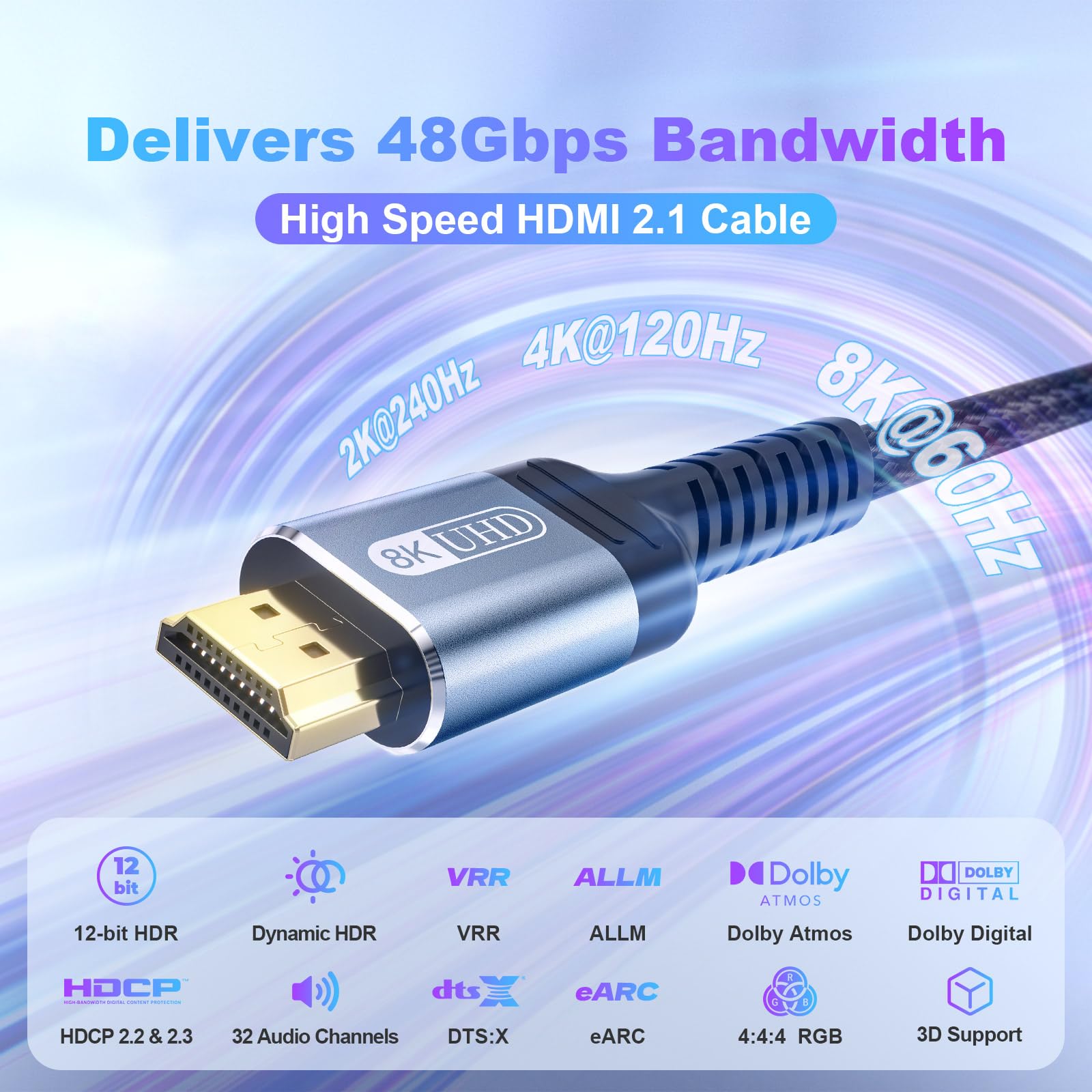 Cavo HDMI 2.1 8K da 2,4 m, 48 Gbps, in nylon intrecciato ad alta velocità, resistente, cavo HDMI 8K a 60 Hz, 4K a 120 Hz, compatibile per monitor/TV/PS5 4 3/laptop/Xbox Series X/proiettori