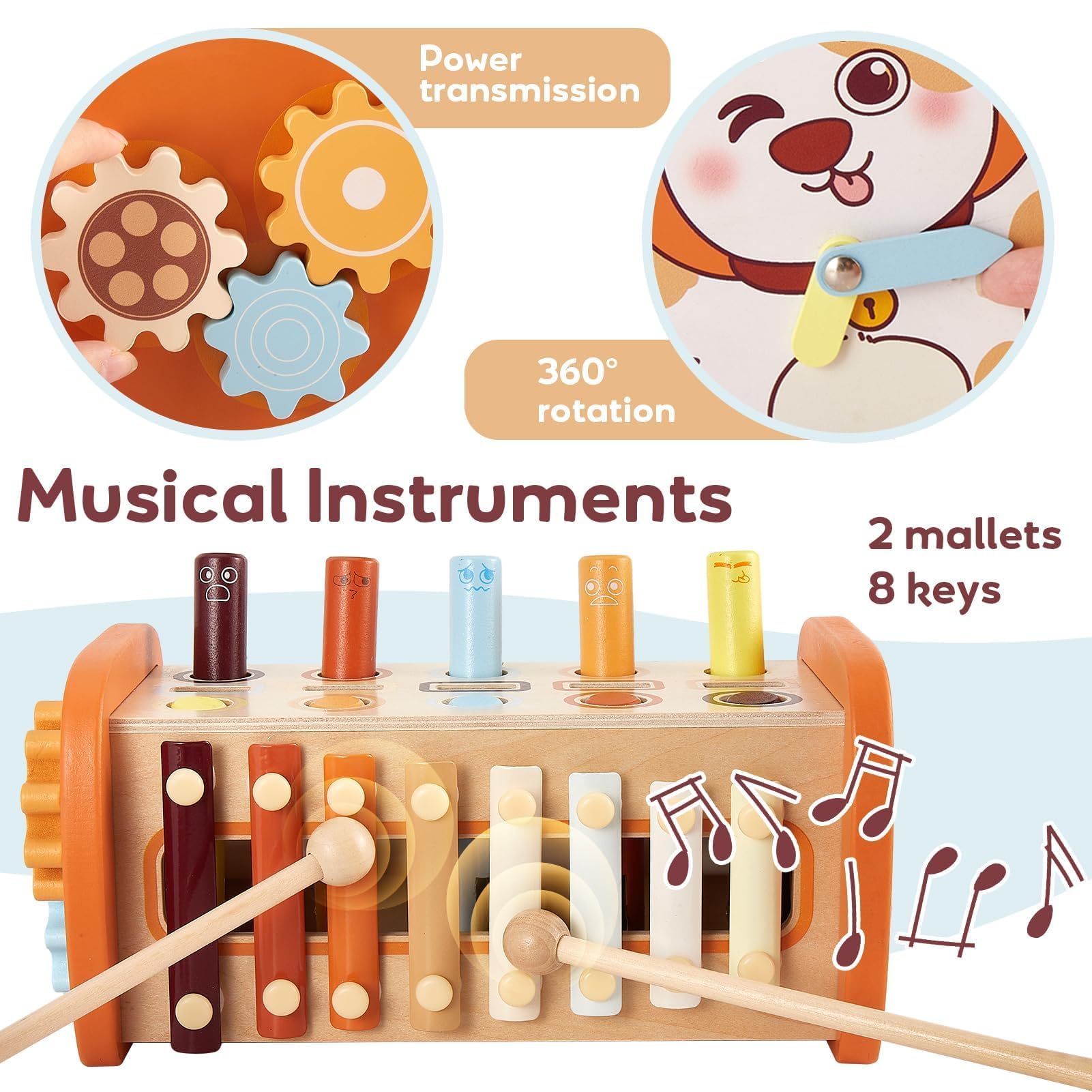 HYAKIDS Montessori Jouets en Bois, 6 en 1 Enfants Banc à Marteler, Jeu Marteau Pêche, Xylophone, Jouet Educatif Précoce pour 18+ Mois Garçons Filles