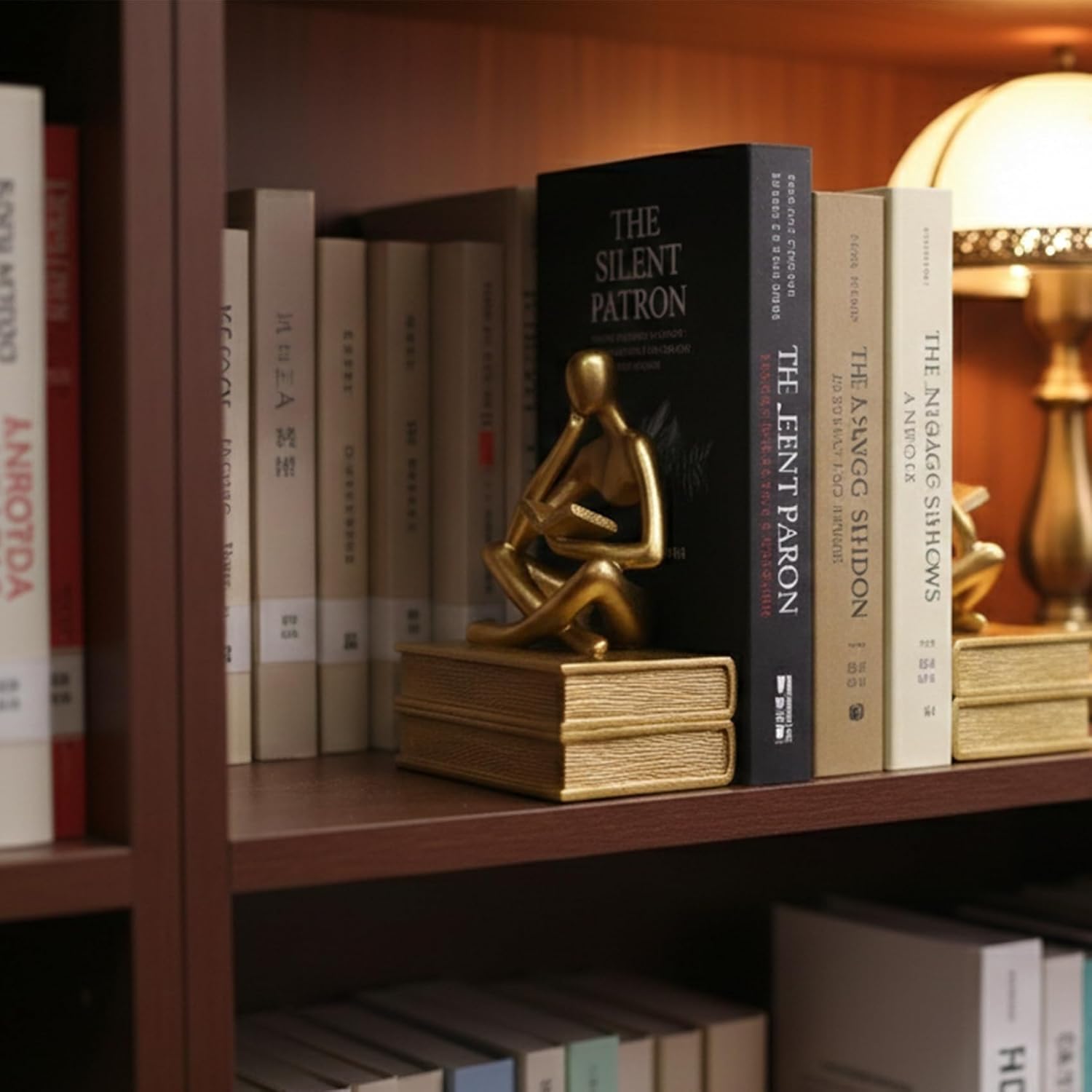 Abstract Resin Reader Bookends Set of 2,Modern Decorative Book Ends for Shelves,Unique Book Shelf Accents & Coffee Table Decor,Reading Bookend Statue for Home Office Library (Gold, Thinker Bookends)