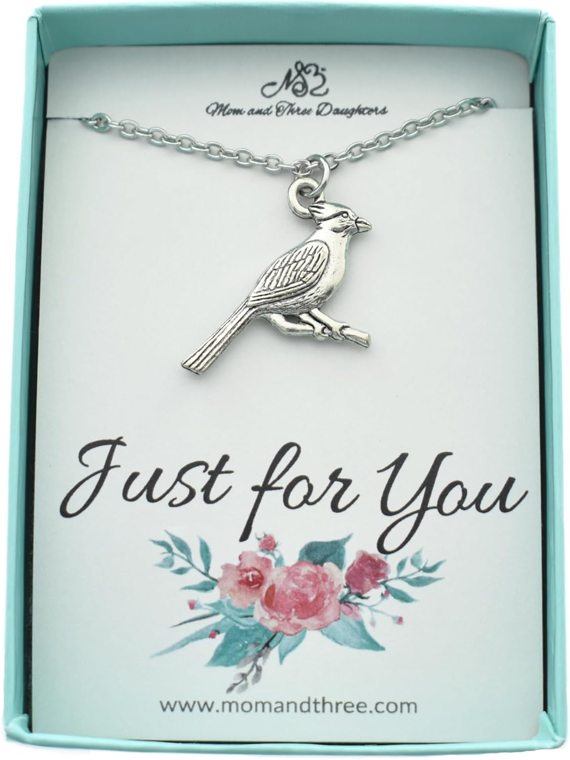 MOM & THREE DAUGHTERS Antique Pewter Cardinal Charm Necklace | 20" Stainless Steel Chain | Bereavement Gift |