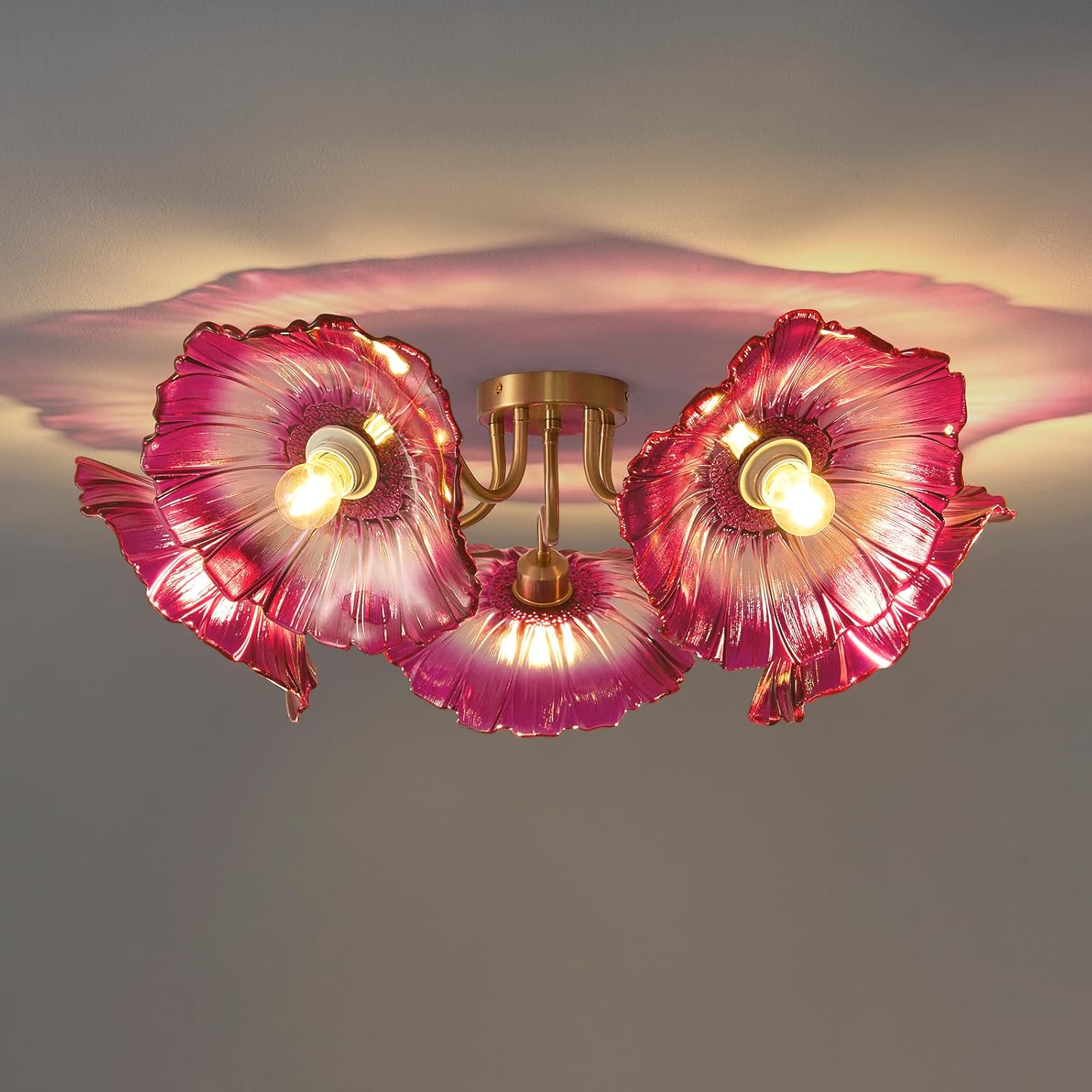 Flower Glass 5 Lights Ceiling Light - Red Vintage Floral Semi Flush Mount Chandelier Lighting Fixtures - Mid Century Modern Art Deco Lamp for Bedroom Bathroom Hallway Hall Laundry Kitchen Dining Room