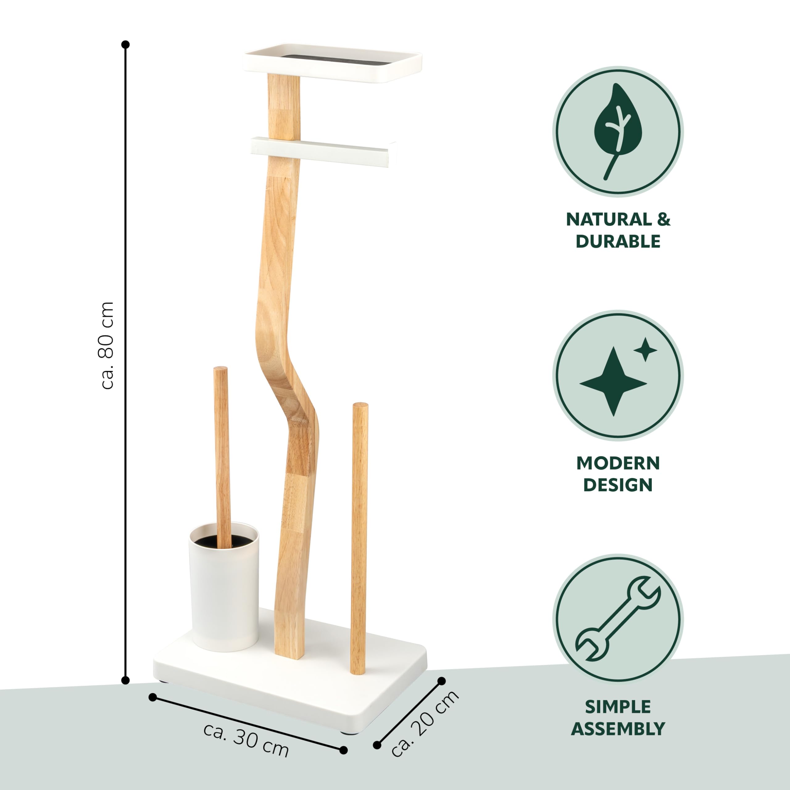 eluno Set WC 4 in 1, set WC autoportante con scopino per WC, 2 testine di ricambio, portarotolo per 3 ruote e ripiano, in legno certificato FSC e metallo bianco