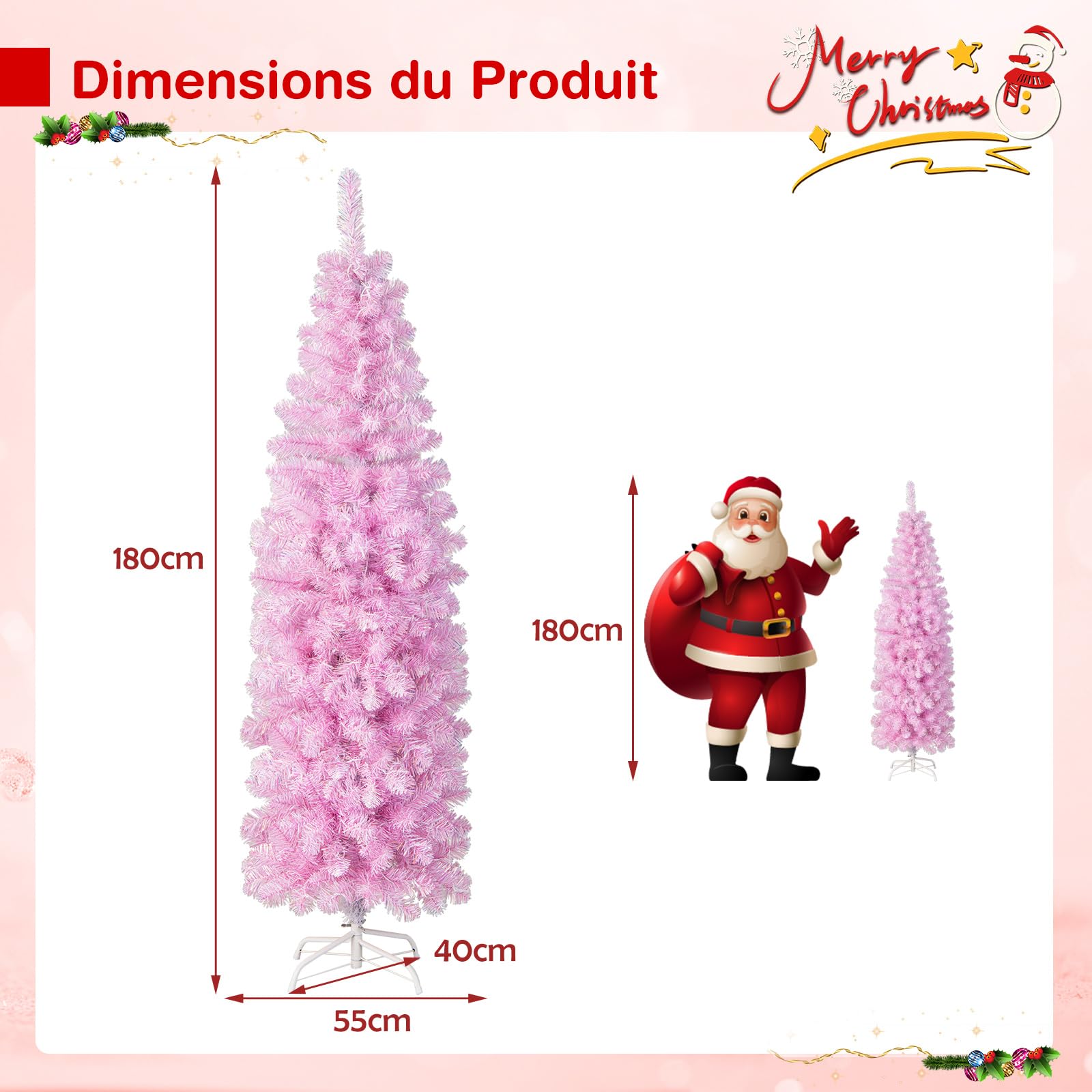COSTWAY Sapin de Noël Artificiel Pré-éclairé de 180 CM, Arbre de Noël en Forme de Crayon avec 475 Pointes de Branches et 250 Lumières LED Blanc Froid, Support en Métal Pliable, Rose