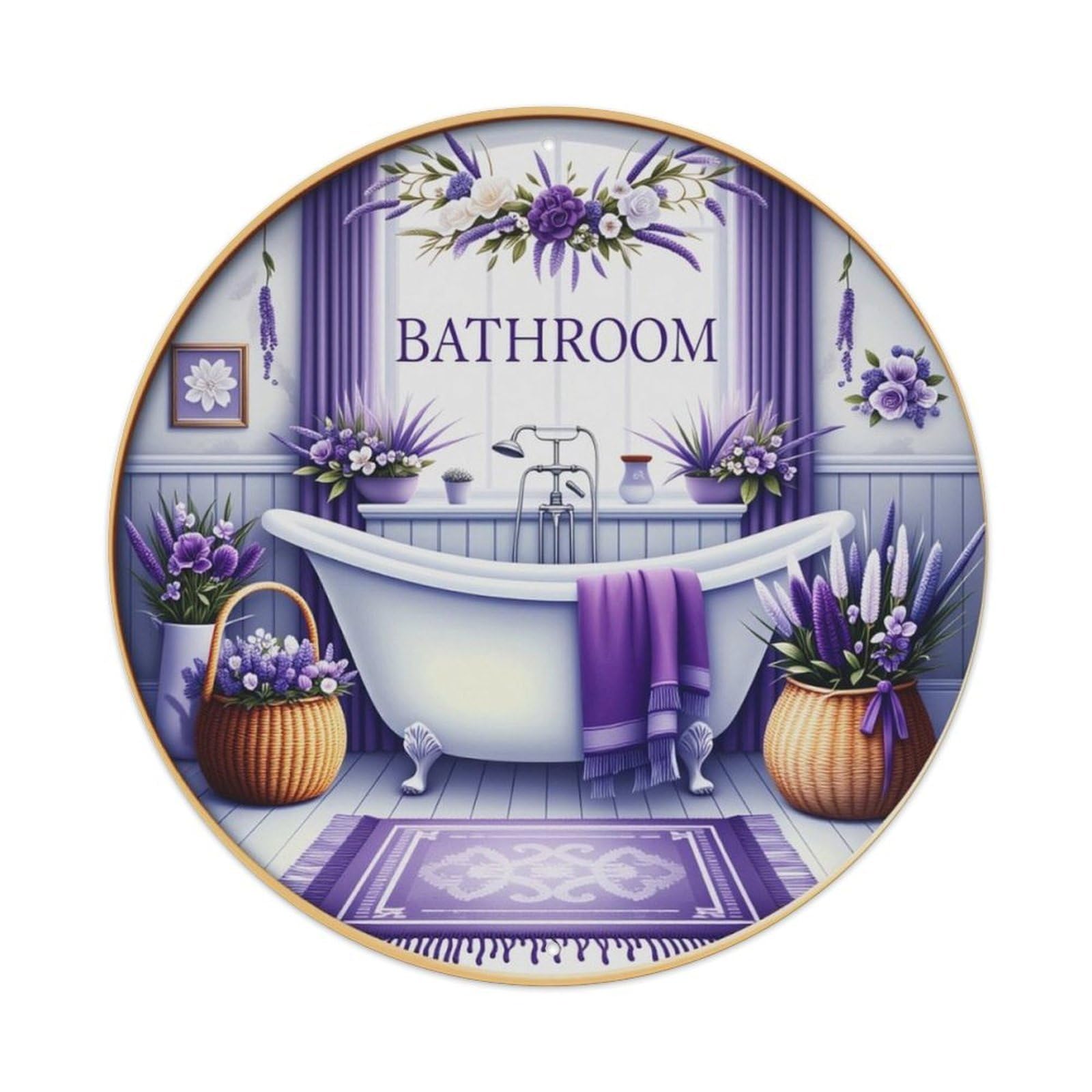 Purple Lavender Bathtub Bathroom Round Decor Sign Vintage Aluminium Metal Sign, Retro Wall Decor for Home, Bar, Garage & Farmhouse 20x20cm