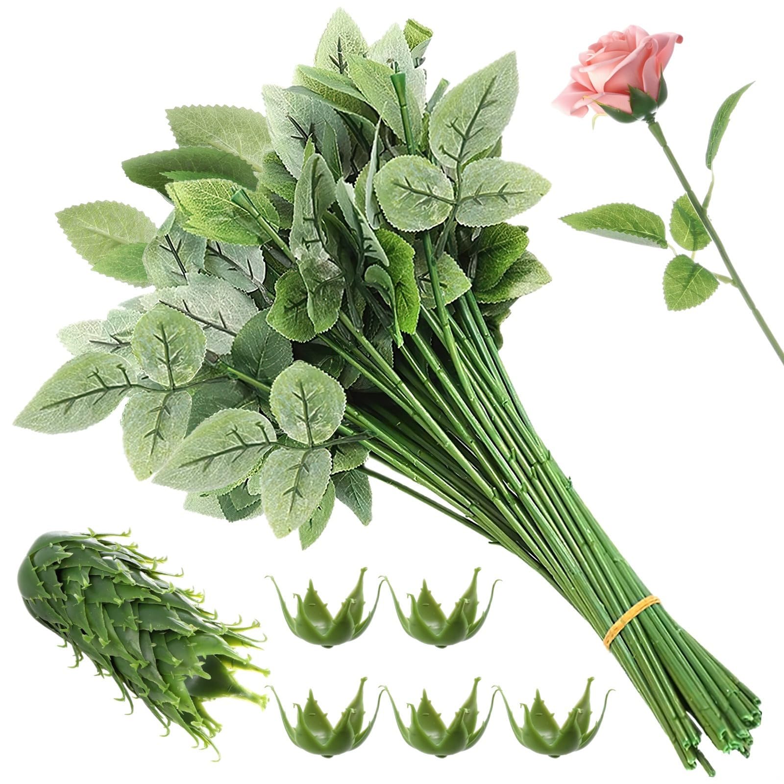 SWEWARM 50 Artificial Rose Flower Stems and Calyxes Kit for DIY Bouquet Wedding Craft Decoration