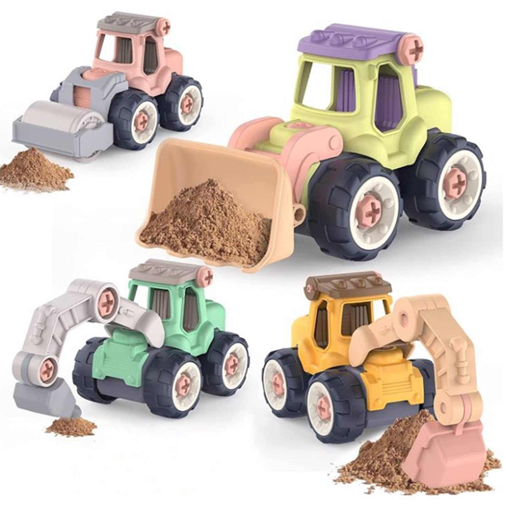AM ANNA Take Apart Construction Trucks Toys, 4 Pack Toddlers Beach Car Toys, STEM Excavator Sand Toys for Kids Outdoor, Educational Excavator Sandbox Toy Boys Girls Birthday Gift