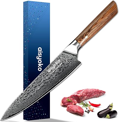 Vista 8 de Cuchillo de chef de 8 pulgadas Damasco Japón VG-10 de acero inoxidable súper profesional de alto carbono súper afilado para cocina, mango ergonómico