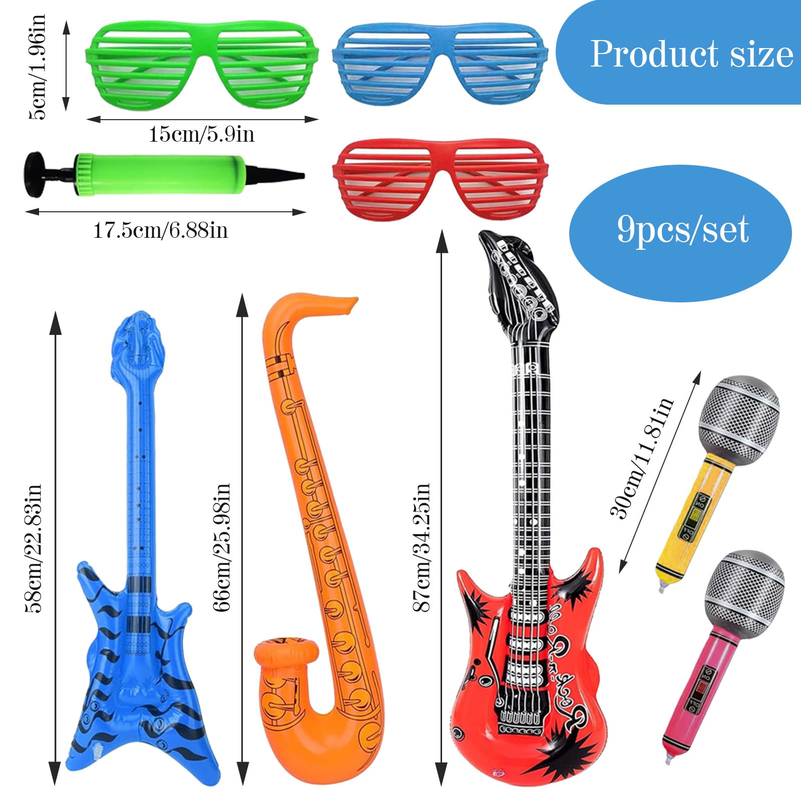 Chitarra Elettrica Bambini 9 Pezzi, Strumenti Musicali Gonfiabili, Microfono Bambini, Chitarra Giocattolo, Adatto per Feste, Bomboniere Rock, Feste di Compleanno