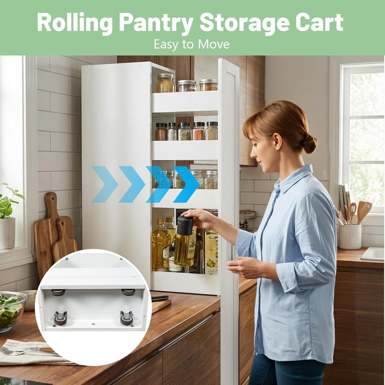 6-Tier Slim Rolling Cart - White Wooden Spice Rack on Wheels - Mobile Storage Shelving Unit for Kitchen, Bathroom & Laundry - Narrow Pull-Out Pantry Organizer for Small Spaces & Next to Fridge