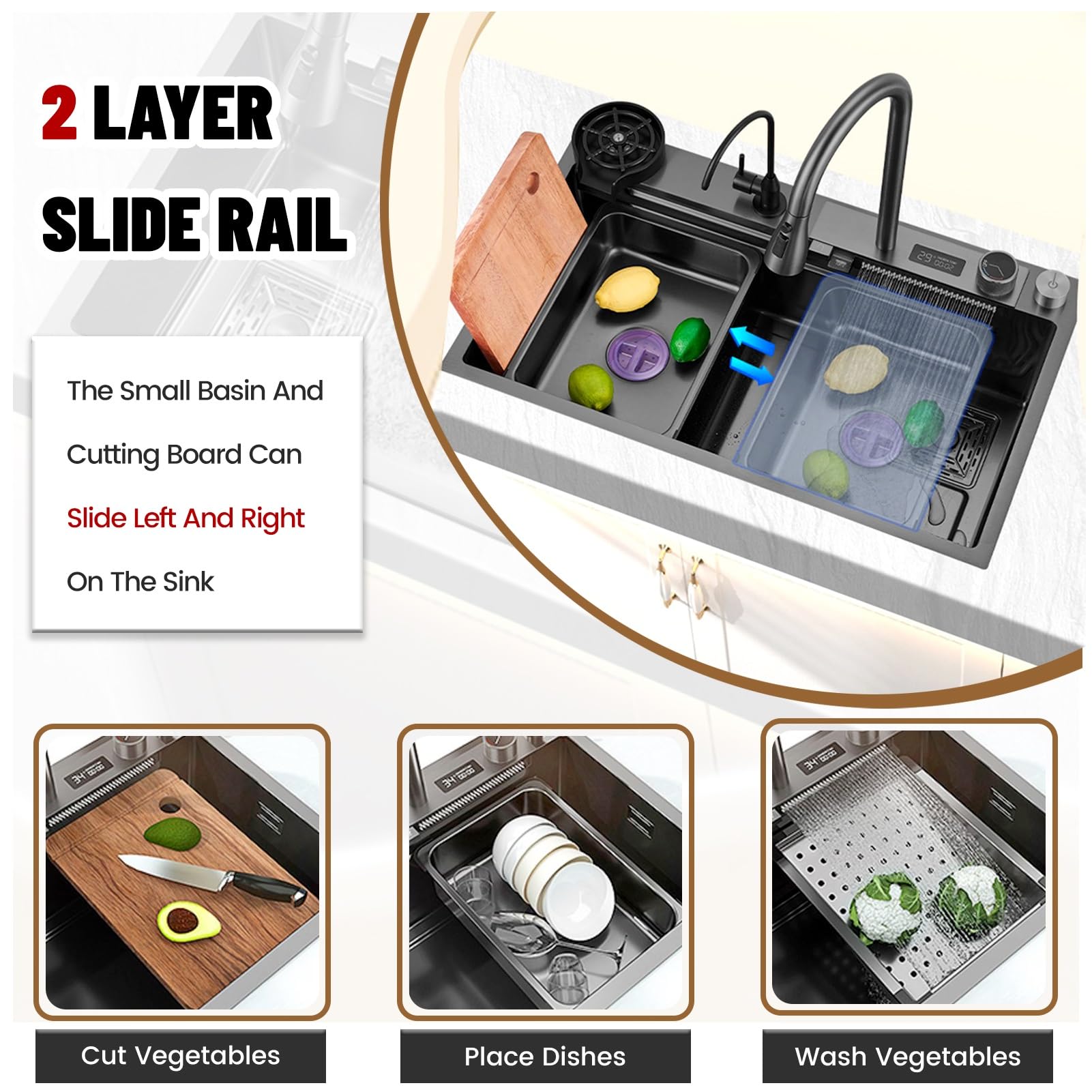 Fregadero de Cocina Grande Tipo Cascada, Fregadero Inteligente con Grifo extraíble, Kit de Lavado de Tazas y desagüe, Fregadero de Acero Inoxidable de un Solo Seno Estilo Granja pa
