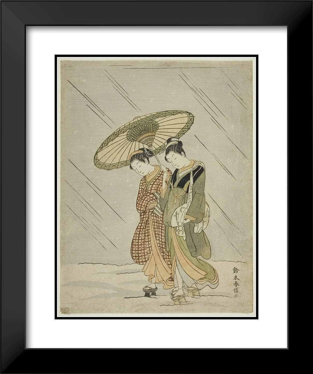 ArtDirect Suzuki Harunobu 20x24 Black Modern Framed and Double Matted Art Print Titled Snow on The Way Back from The Public Bath