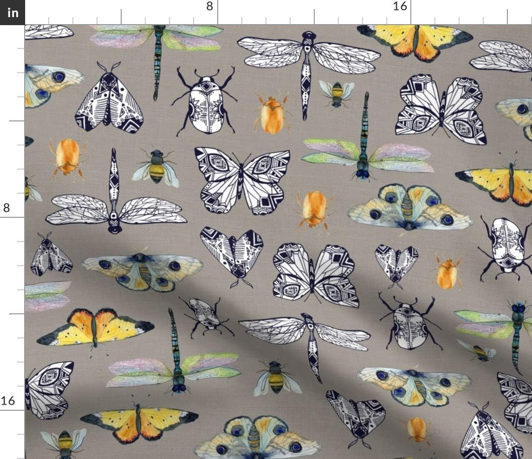 Spoonflower Fabric - Gray Insect Butterfly Moth Dragonfly Beetle Bee Printed on Petal Signature Cotton Fabric by The Yard - Sewing Quilting Apparel Crafts Decor