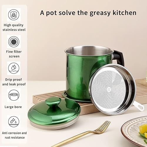 Miniatura 7 de Kyraton Contenedor de grasa de tocino con colador, recipiente de aceite de revestimiento verde brillante de metal de 48 onzas, almacenamiento de