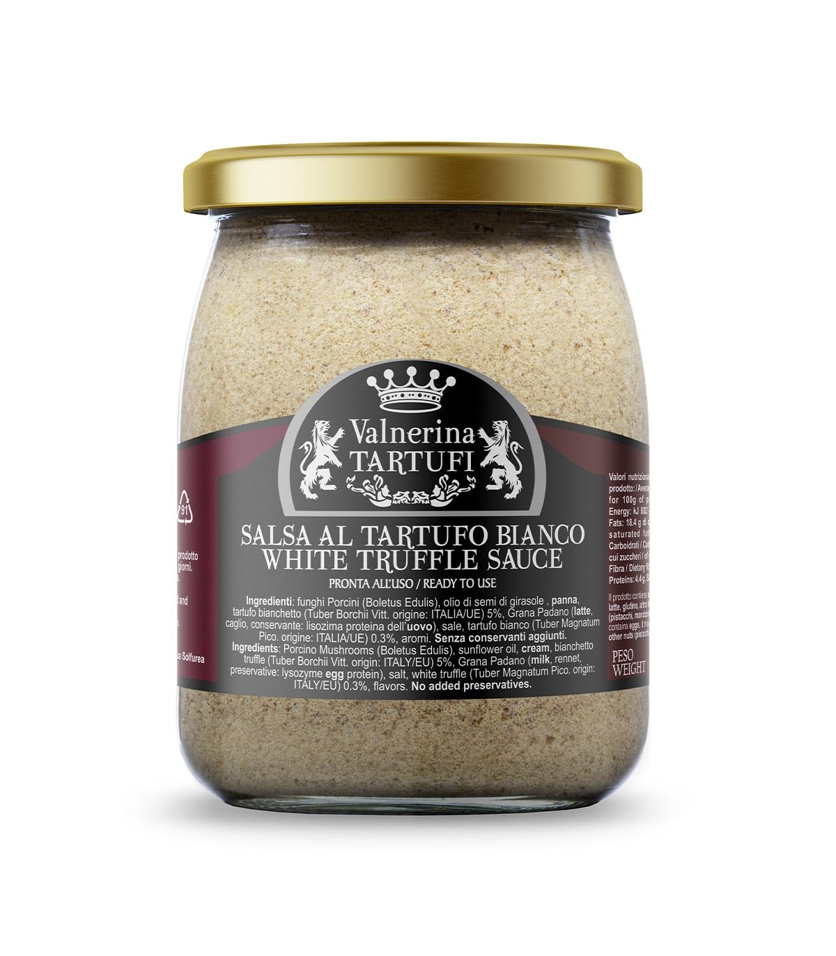 Valnerina Tartufi Sauce à la Truffe Blanche |Crème à Base de Truffe Blanche, Champignons Porcins et Fromage Grana Padano | Pot 480 gr.