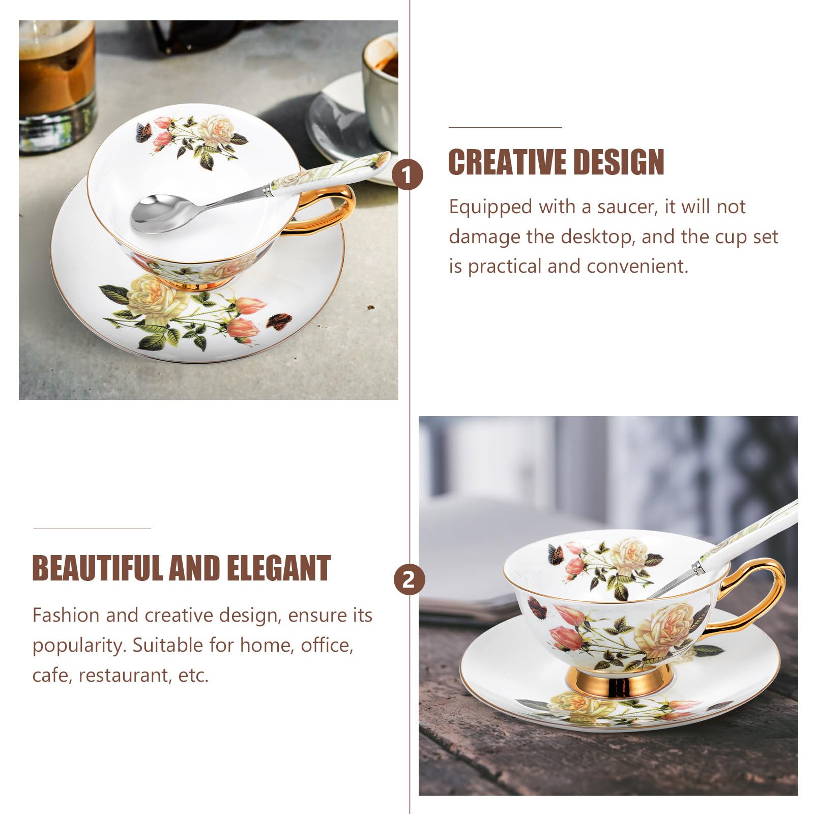 NUOBESTY Taza de Café de Cerámica con Plato, Juego de 1 Pieza para Latte | Capuchino, Uso en Hogar y Cafetería, Diseño Creativo y Apariencia Delicada