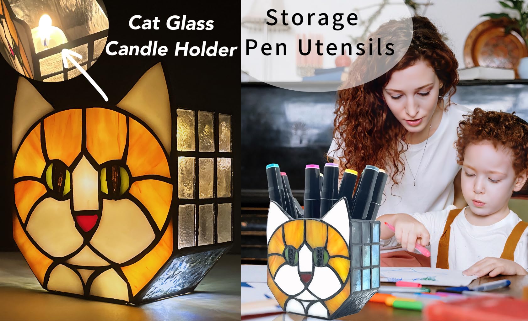 Tiffany Cute Cat Stained Glass Flower Pots,Indoor and Outdoor Plant Displays,Cat Plant Planter,Candle Holder Container Decoration 4.6 x 5.15 x 2.3 inch(11.7 x 13.1 x 5.8 CM)(Without Succulents)Black