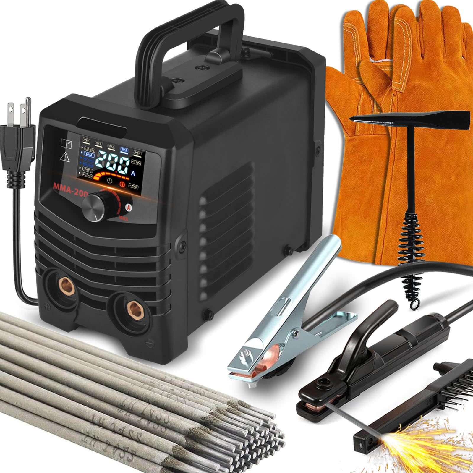200A Large LED Display Mini Welder, 15PCS Welding Rods Gloves Hammer Stick Welder, Synergic Control Welder Machine 110V, Stick Welding Machine ARC Welder Portable Welding Machine