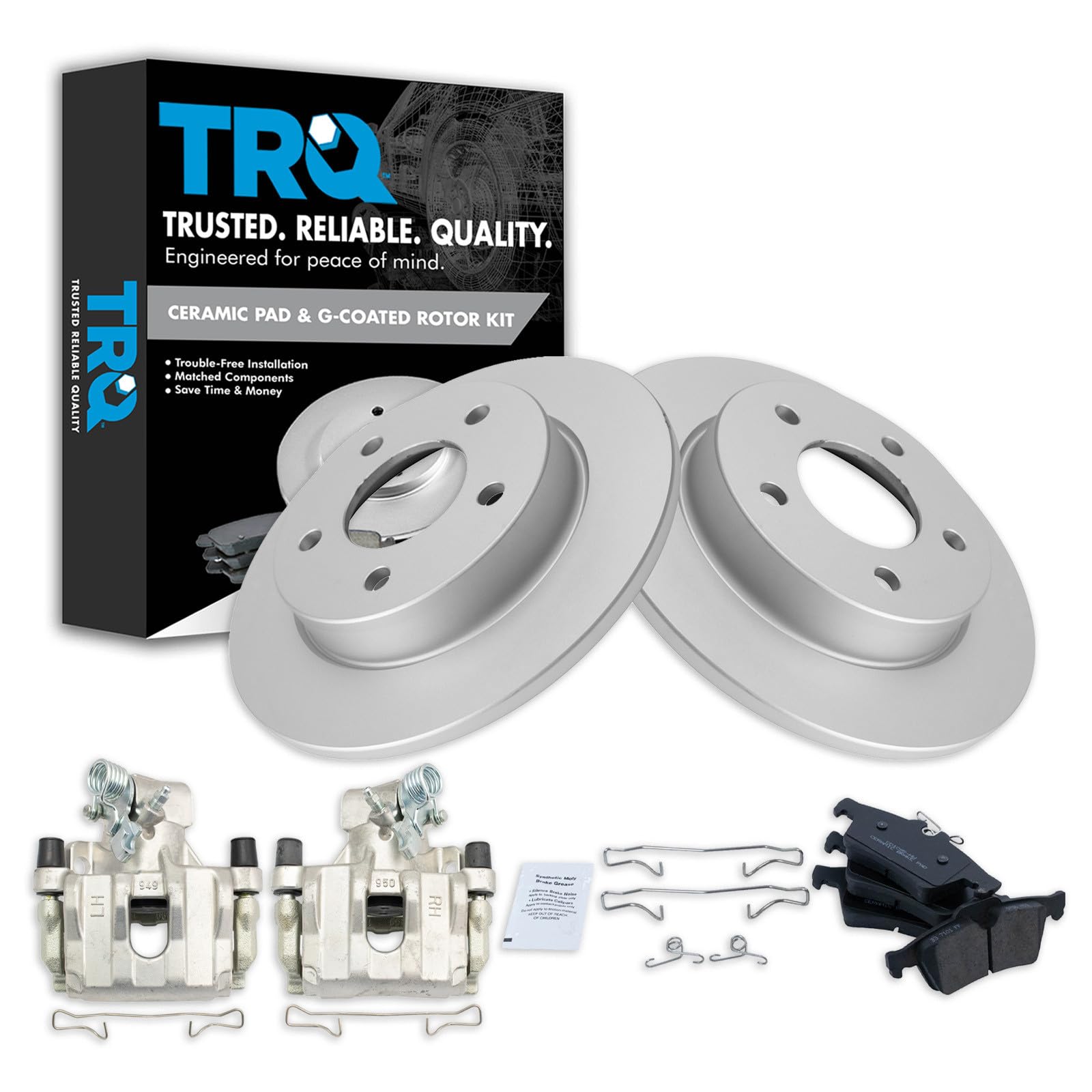TRQ Rear Brake Pad and Rotor Set Ceramic Solid Rotors Calipers