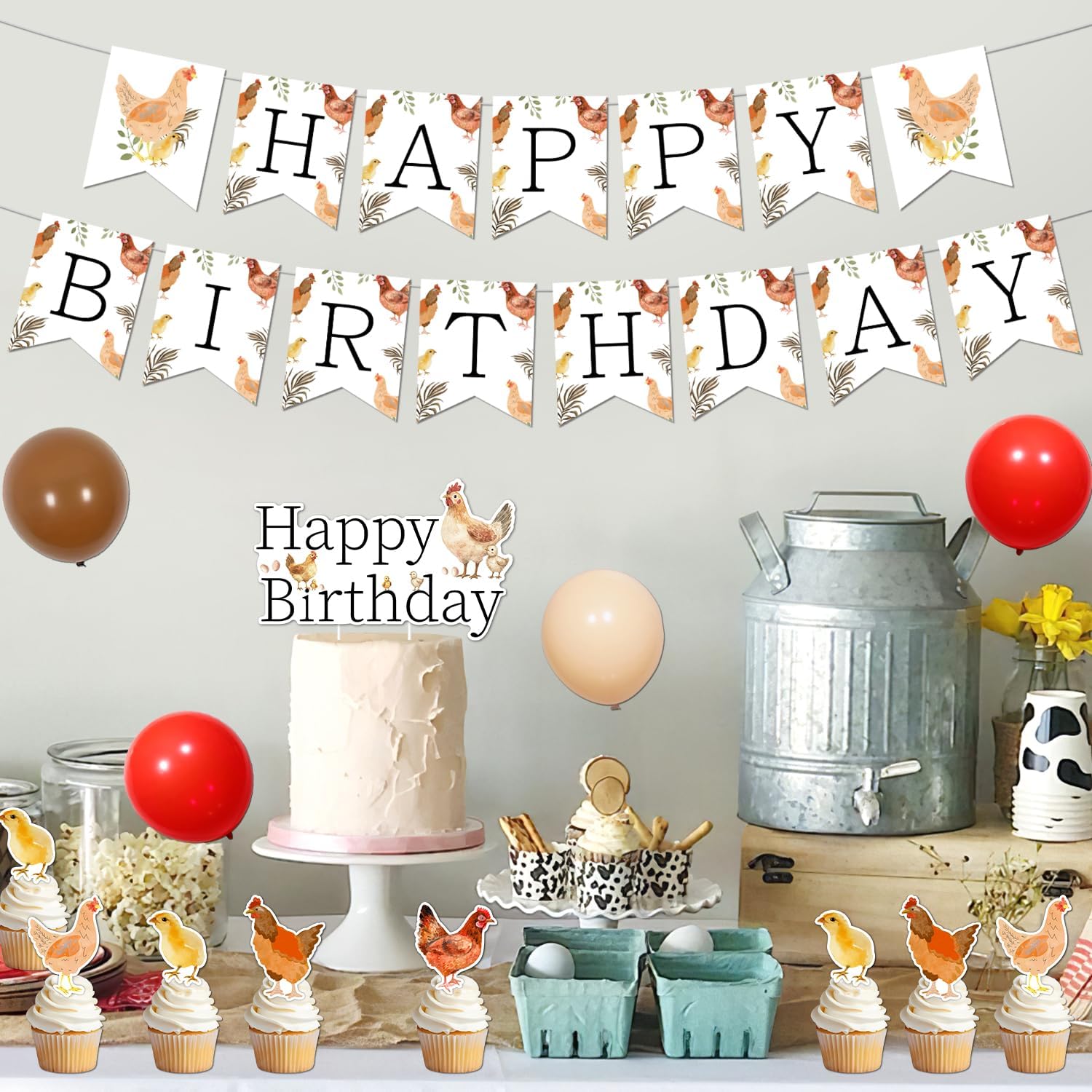 Chicken Happy Birthday Decorations Chicken Birthday Banner Backdrop Barnyard Cake Toppers Set Chicken Balloons for Boys Girls Kids 1st 2nd 3rd Birthday Party Barnyard Birthday Party Supplies