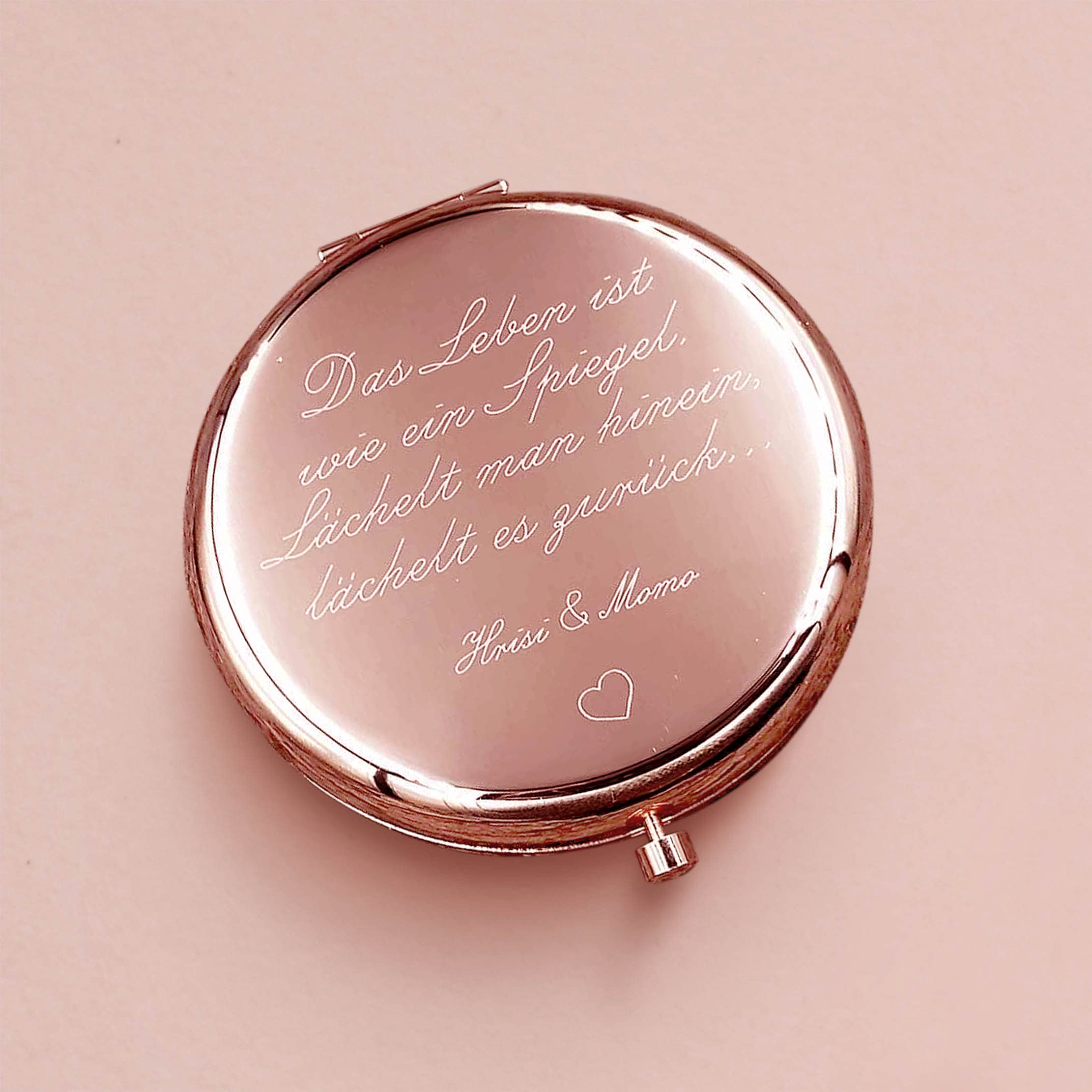 Taschenspiegel Handspiegel mit Gravur Farbe Roségold aus Edelstahl mit Vergrößerungsspiegel
