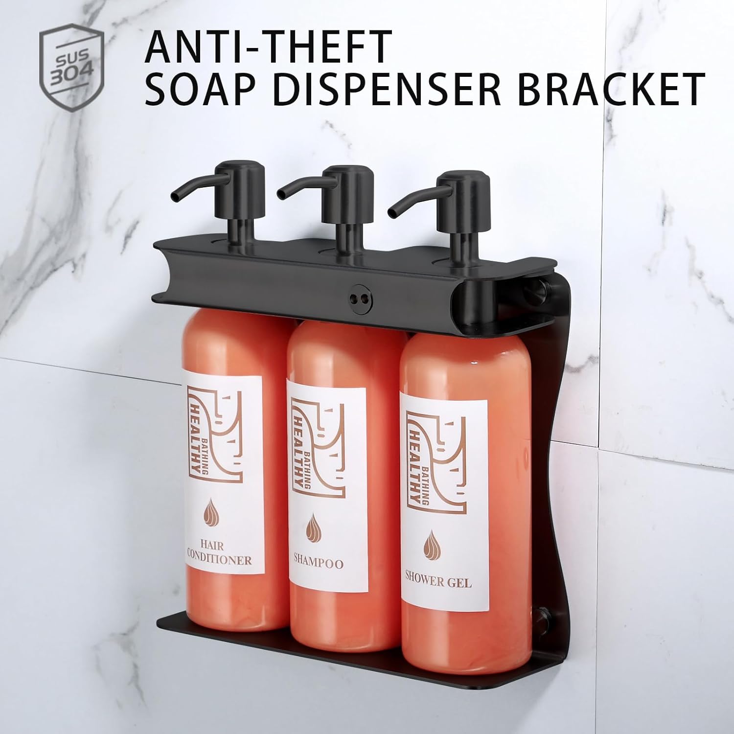 Black Shampoo, Conditioner, Shower Gel Dispenser 3 Room refillable Shampoo and Conditioner Pump Bottle Wall-Mounted Slot Shower soap Dispenser (KCHS-3) - Image 2