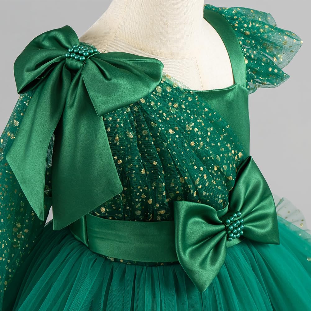 IMEKIS Toddler Girls Pageant Dress Shiny Bow Asymmetric Shoulder Formal Birthday Wedding Party Tiered Tulle Gowns 1-9T - Image 2