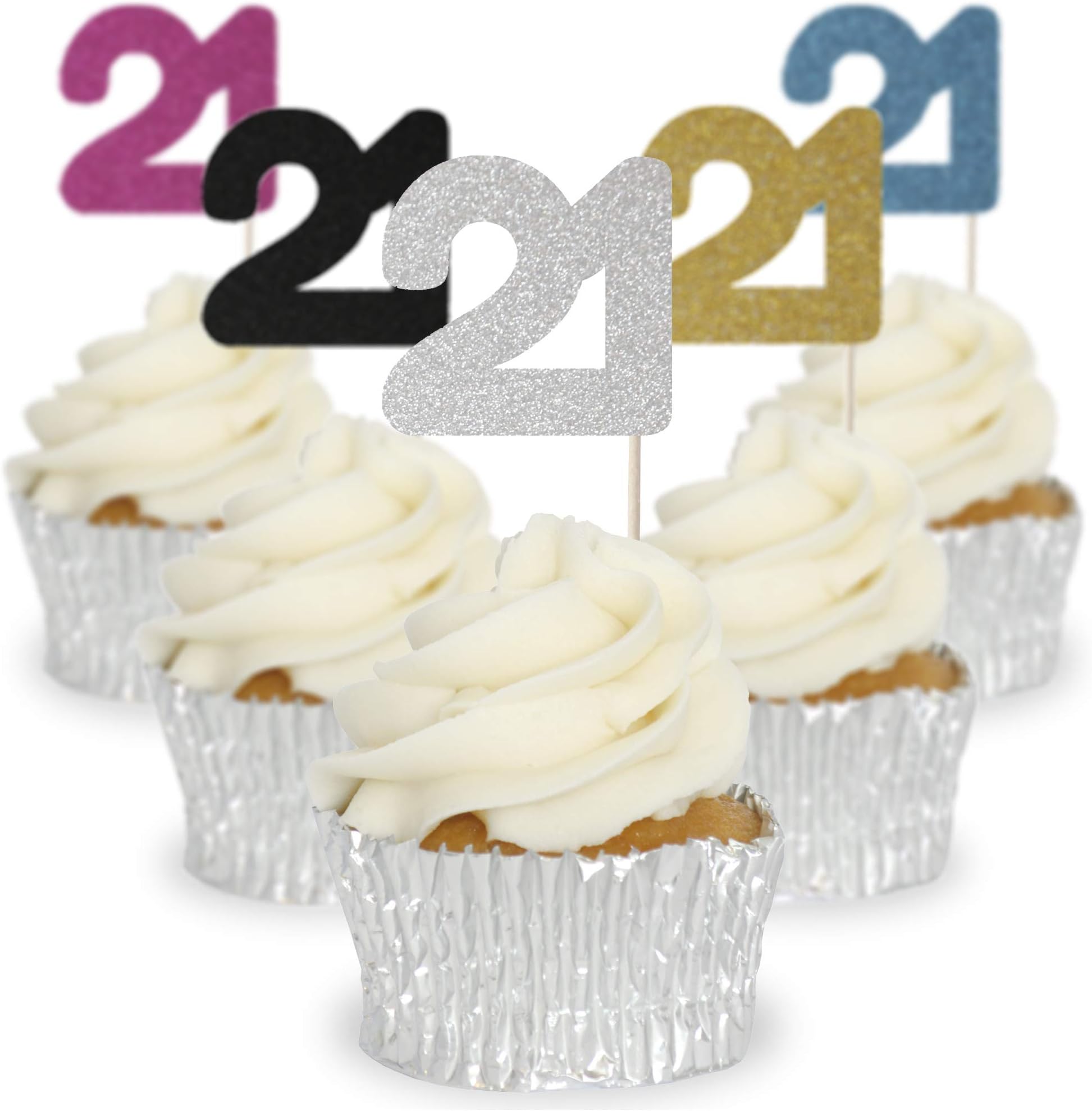 Number 21 Cupcake Toppers - 12pk Cake Decoration, Birthday, Anniversary, Pick, Pics, Twenty One (Blue Glitter)