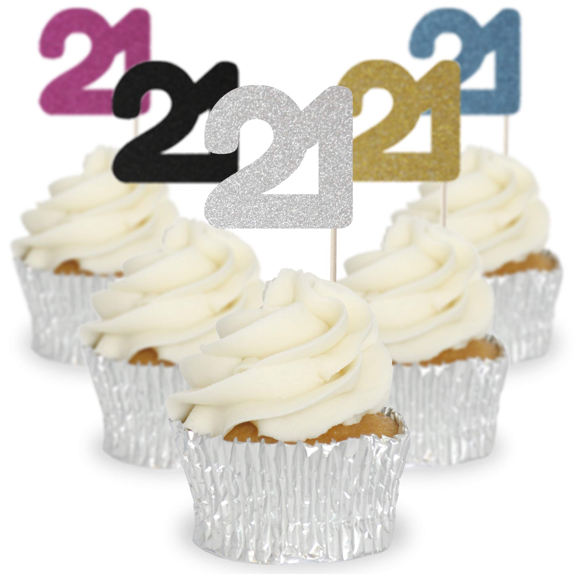 Number 21 Cupcake Toppers - 12pk Cake Decoration, Birthday, Anniversary, Pick, Pics, Twenty One (Blue Glitter)