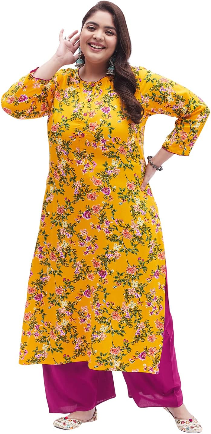 TissuWomen's Plus Size Yellow & Pink Printed Kurta with Palazzo