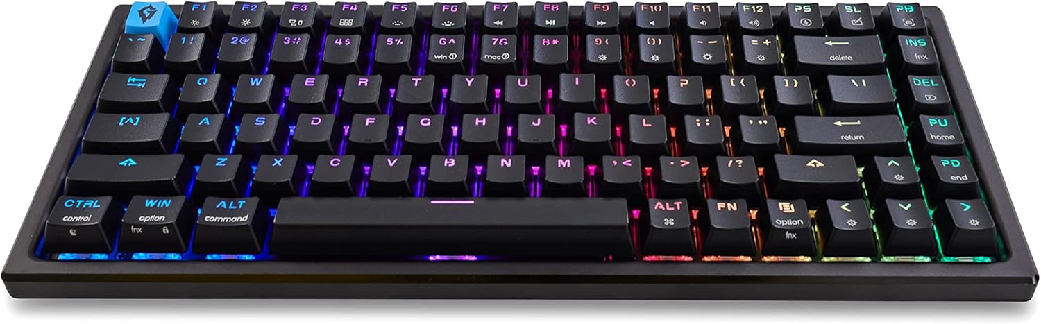 Angled view of Glacier GK84 Arctic keyboard showcasing vibrant RGB backlighting