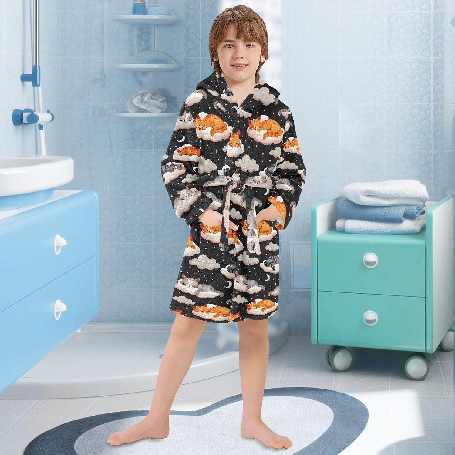 senya Cute Cats Sleeping Toddler Hooded Bathrobe Kids Soft Plush Bath Towel Robes for Boys Girls 2-12 Years