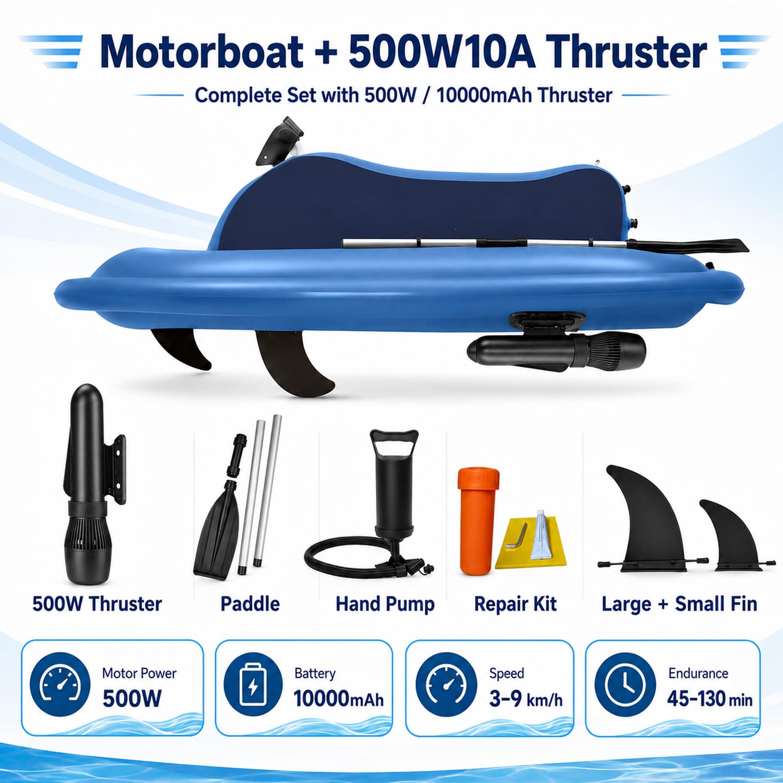 Gommone A Getto Gonfiabile per 2 Persone Migliorato, Scooter Subacqueo Elettrico Brushless da 500 W E 700 W, Motoscafo Gonfiabile Pieghevole, Gommone Acquatico Motorboat+500W10AThruster